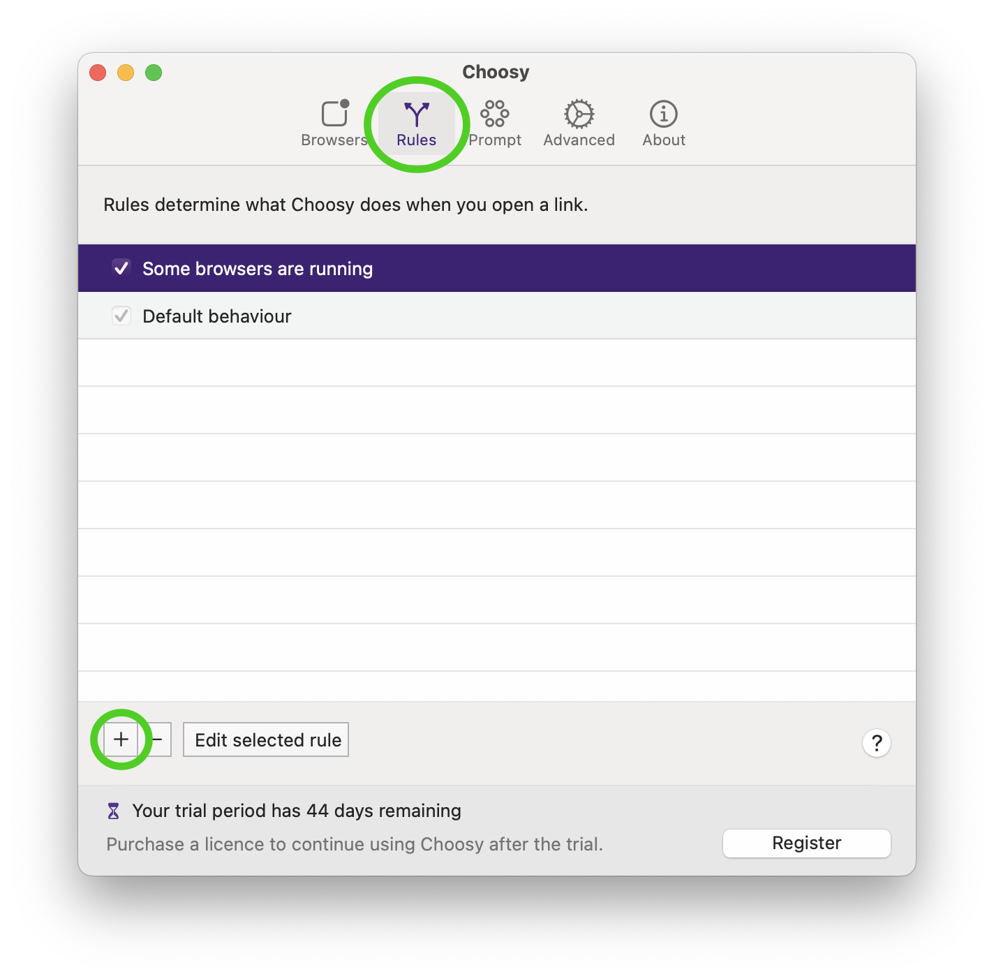 The Choosy UI with the 'rules' tab and the 'plus' button highlighted