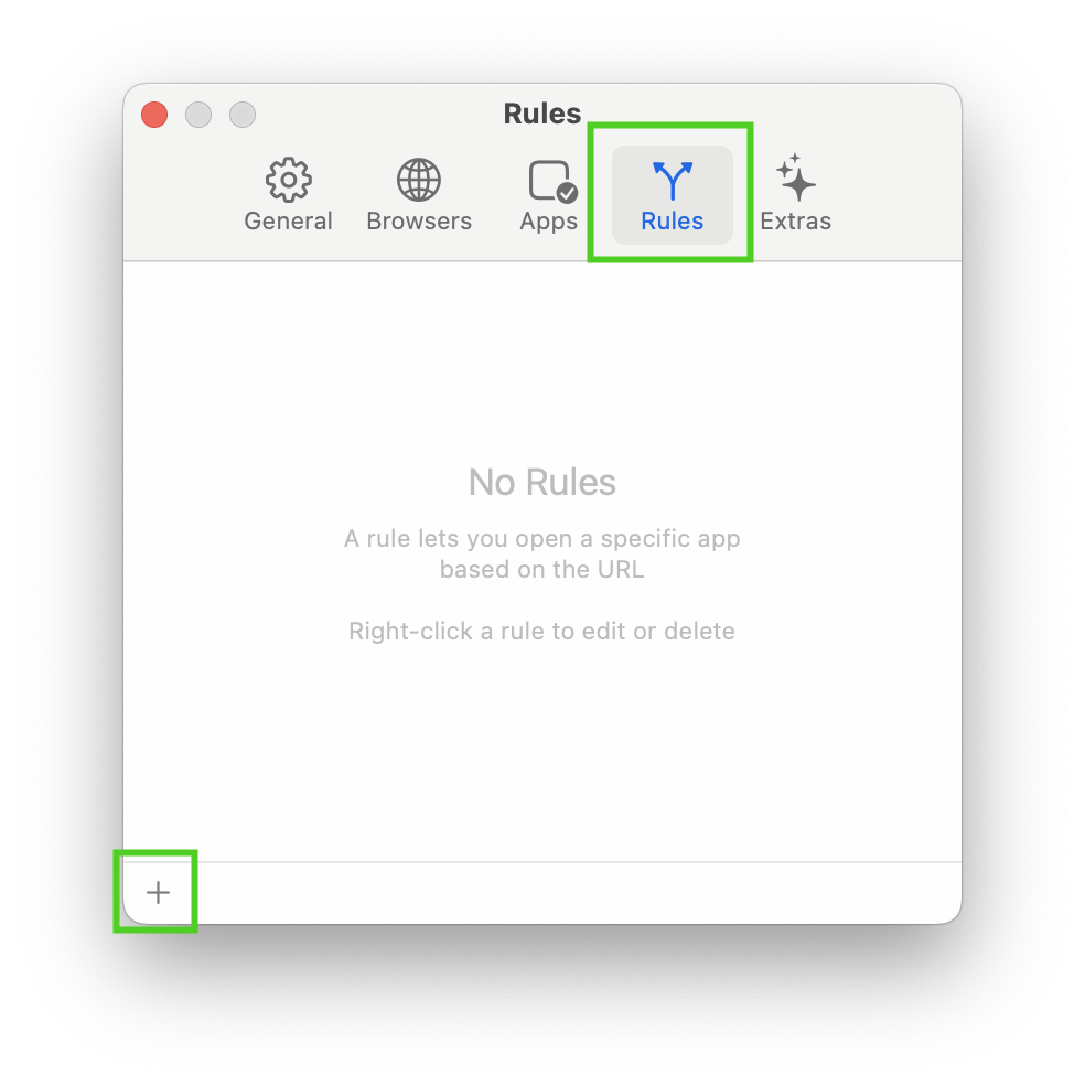 The Velja UI with the 'rules' tab and the 'plus' button highlighted