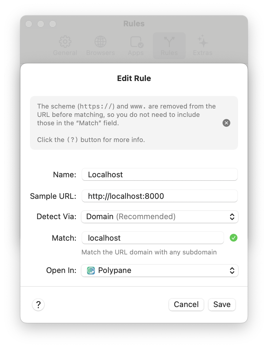 The Velja UI with a popup to add a rule.