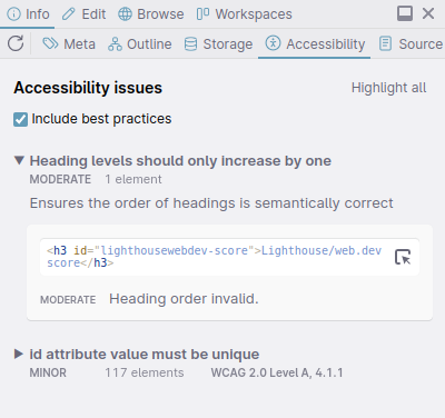 The accessibility panel showing issues grouped by severity.