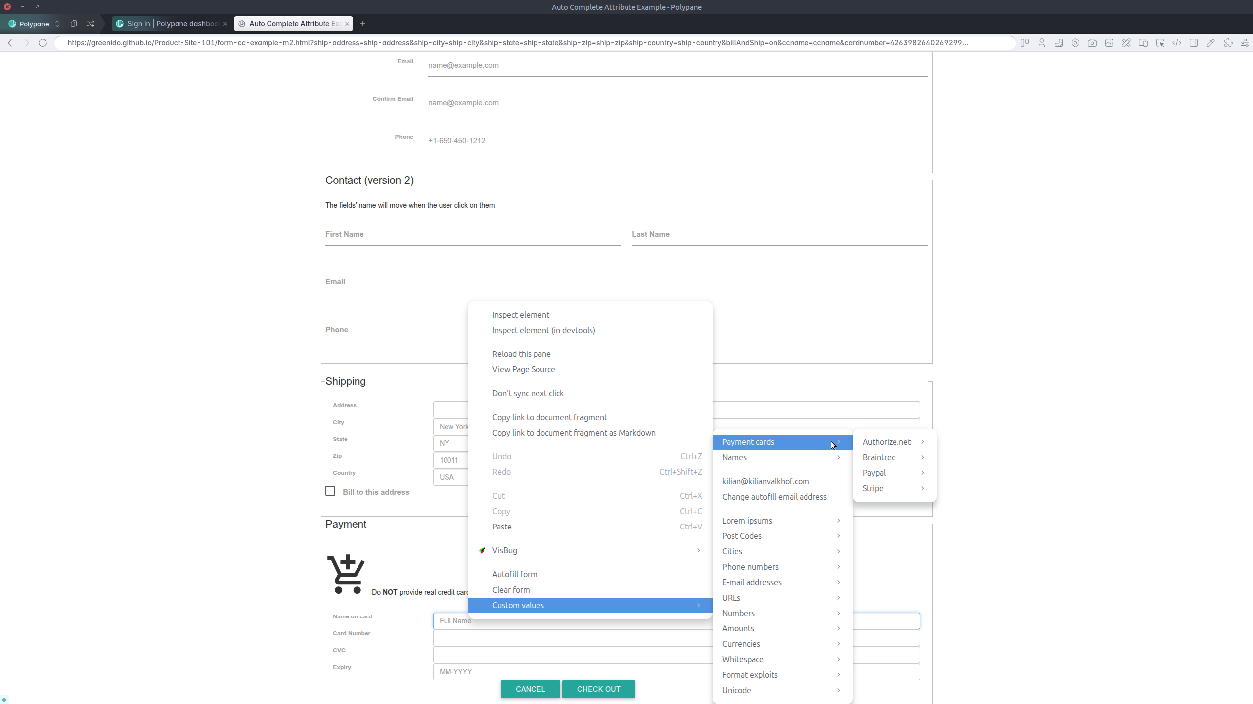Custom values with payment info on top, and email address on top for email fields