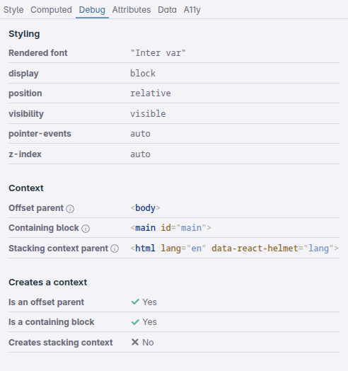 The debug tab in the Elements panel