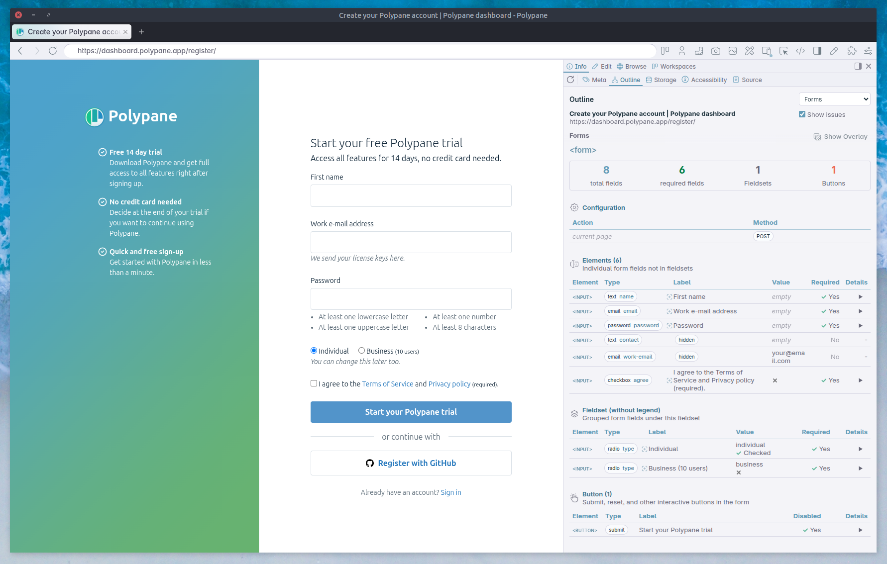 Form overview of a registration form.