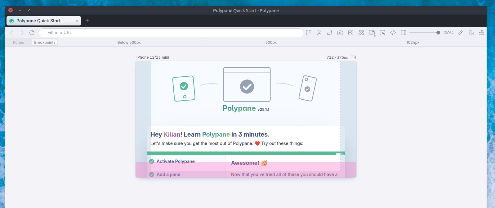 a device showing safe area and small viewport overlays in Polypane