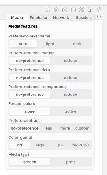 Emulation settings panel showing media feature options.