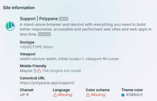 Meta panel showing a missing language value