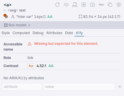 Polypane Element panel showing a link with no text content
