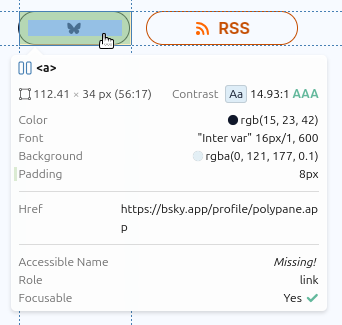 Polypane peek highlighting a missing text on a link
