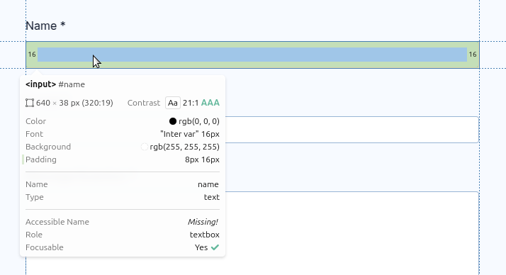 Polypane Peek showing a missing accessible name