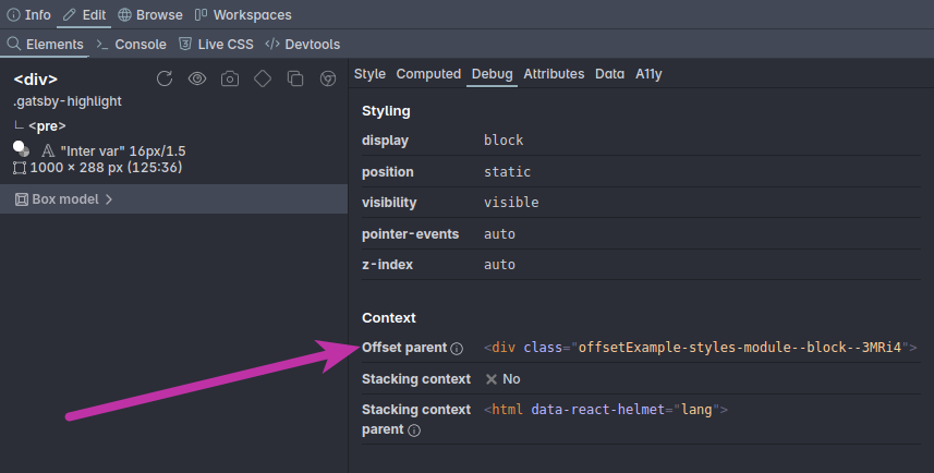 Element debug panel with an arrow pointing to the offset parent