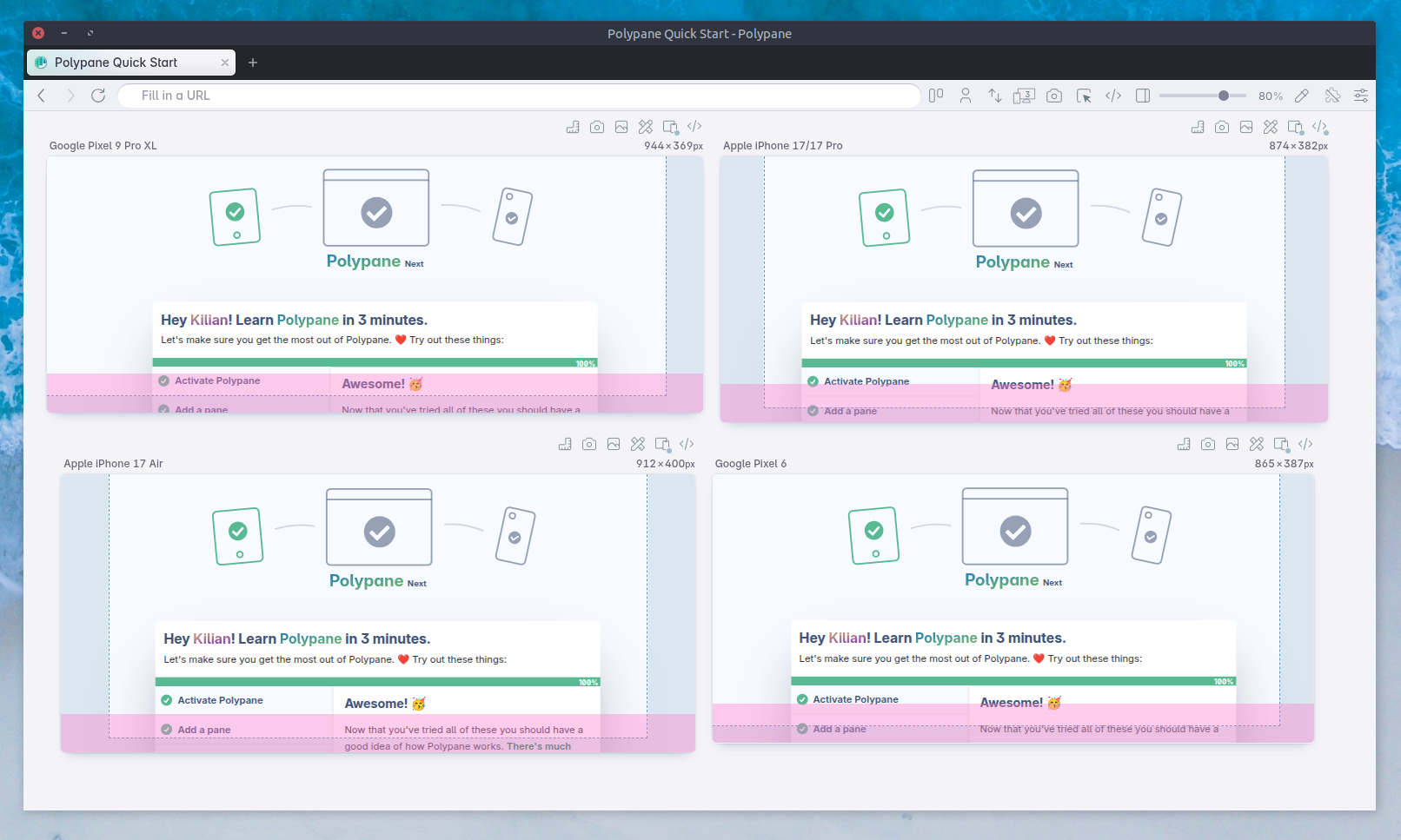 mobile panes in Polypane showing visualized safe area and small viewport difference