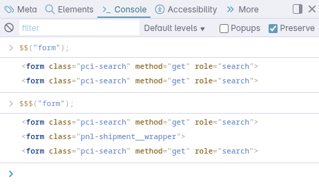 console showing $$(form) returning two elements but $$$(form) returning three.