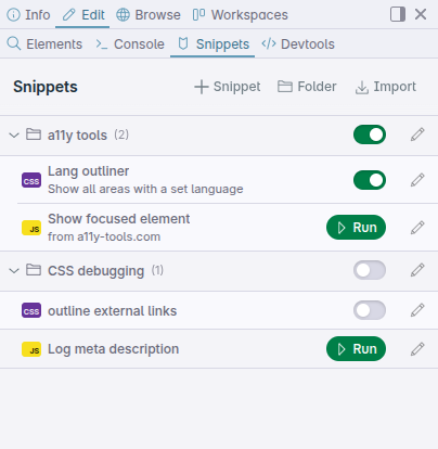 Snippets panel